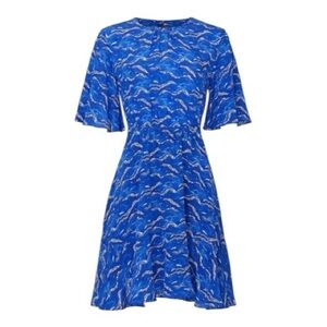 Tara Jarmon Raisin Mini Dress Flutter Elbow Sleeve Royal Blue 100% Silk Crepe 10
